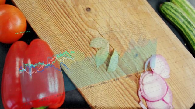 Cutting board and knife slicing purple slices on knife entry, graphs tracking slices for recipe