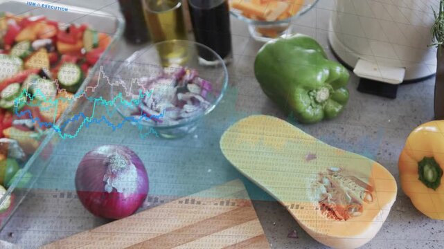 Camera panning onion and halved squash on board static overlay graphs sweeping showing nutrition