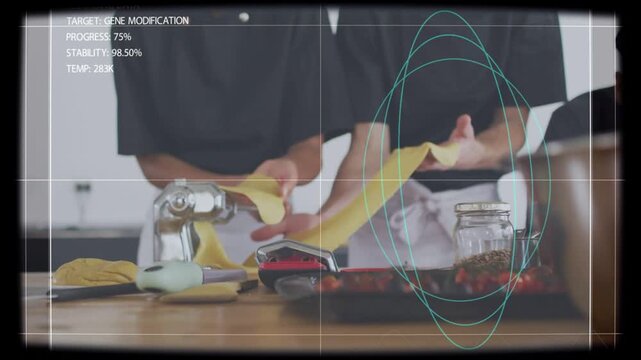 Hands feeding pasta, chefs guiding dough, HUD showing CRYO_LAB floating over hands, culinary demo