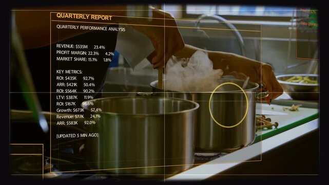 Cook's hands entering, stirring pot, adding bits while HUD showing QTR report over pots for finance
