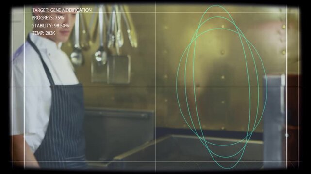 Male chef working kitchen, stepping closer as teal overlays orbiting over chest, reading CRYO data