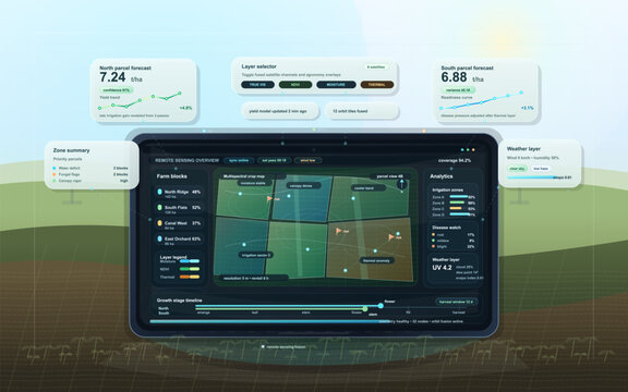 Smart farming dashboard interface with remote sensing crop map, yield forecast panels, and precision agriculture analytics