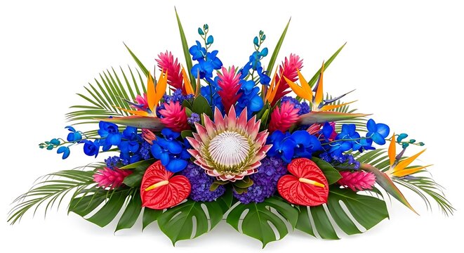 Vibrant tropical flower arrangement with pink, blue, and orange blooms isolated on white background for decoration or celebration