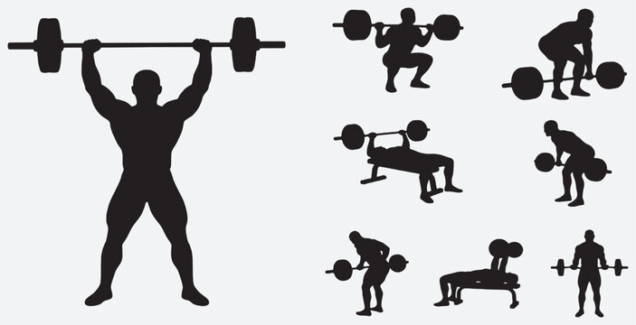 Collection of silhouette illustrations depicting various weightlifting exercises and poses.