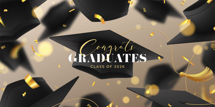 Congrats Graduates Concept Banner. Vector banner with 3d falling graduation caps, golden confetti. Decorative graduation card for design of graduation in college, school, university.