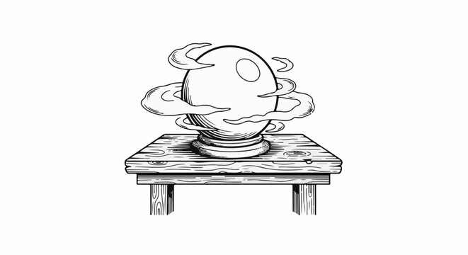 Mysterious orb swirls with smoke upon a rustic wooden table