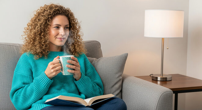 A woman with curly hair sits on a sofa, holding a steaming mug and a book, representing relaxation and leisure in a home setting