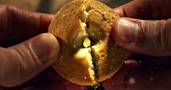 Slow Motion Macro Of Hands Breaking Fresh Cookie In Half With Crumbs Falling In Warm Light Close Up. Concept Of Food Texture And Homemade Bakery