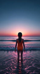 Fototapeta premium Rear view of girl in orange swimsuit, standing in water at sunset. Symbolizes contemplation, serenity, and a connection with nature, promoting peace and wonder