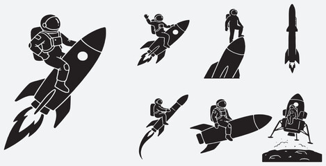Collection of stylized black and white illustrations depicting astronauts riding rockets and exploring space. © Riki