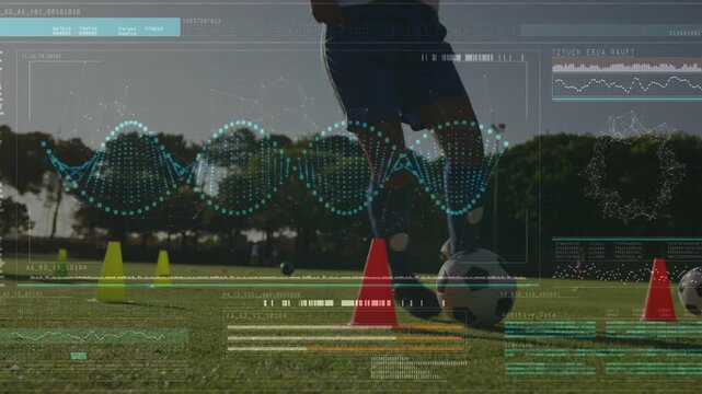 Player dribbling ball through cones in soccer training, teammate joining, overlay tracking touches