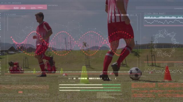 Foreground player touching ball to start sports drill, HUD tracking footwork while camera widening