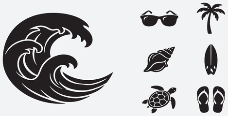 Fototapeta premium Set of black and white icons representing summer beach vacation elements like waves, sunglasses, palm tree, seashell, surfboard, turtle, and flip-flops.