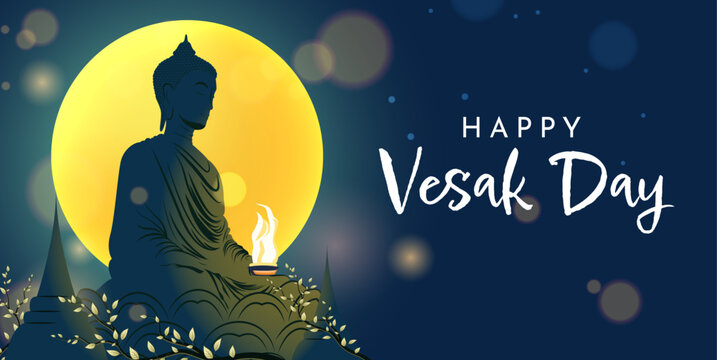 Happy Vesak Day Night Illustration with Buddha Silhouette, Full Moon Glow, and Peaceful Spiritual Light Effects