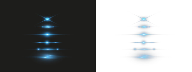 Blue light flares and horizontal glow elements set with lens flare effect isolated on black background. © Olga