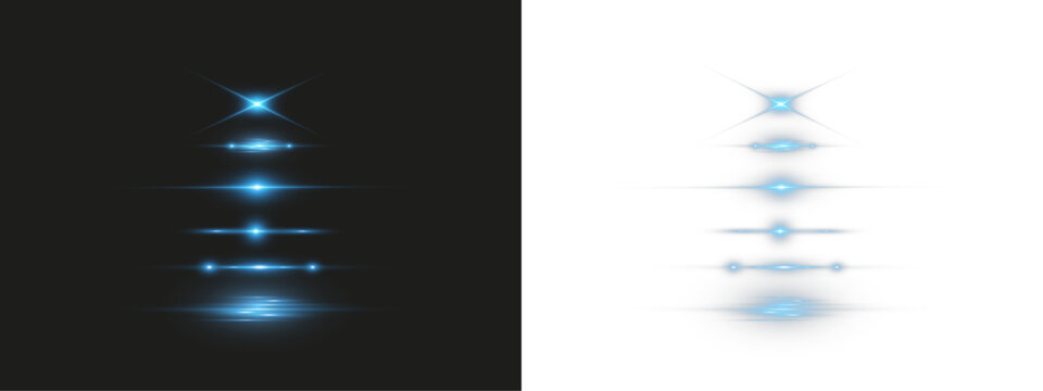 Blue light flares and horizontal glow elements set with lens flare effect isolated on black background.