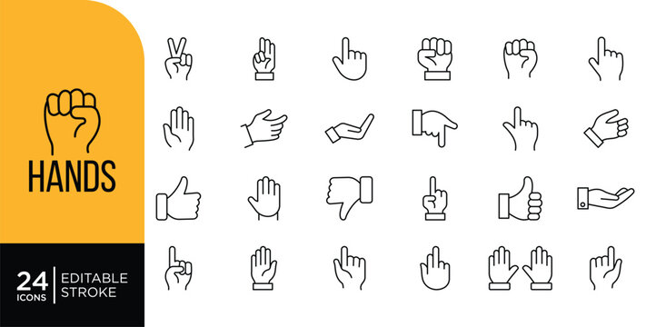 Hand Gesture Line Icons Set. Touch, Click, Swipe, Finger, Like, Thumbs Up Symbols Editable Stroke