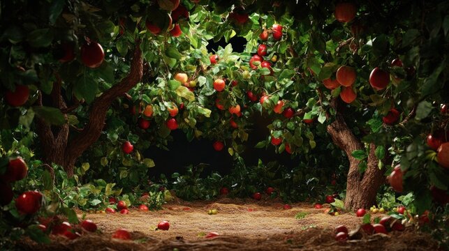 Lush, ripe fruit hangs heavy on trees within a vibrant, natural orchard, bathed in dappled light