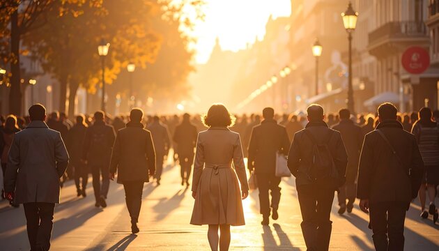 A bustling city street during sunset with people walking