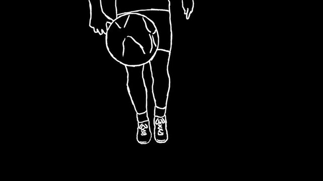 rotoscope animation of football player juggling ball in white scribble doodle sketch outline drawing style on black background
