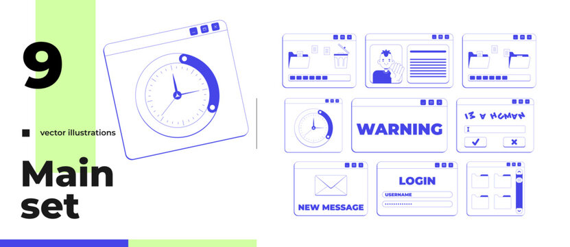 Comprehensive neo brutalism line popup window pack. File manager. Login form. System dialog box. Transfer delete. Interface elements collection in neubrutalism outline style. Monochrome Y2K UX design