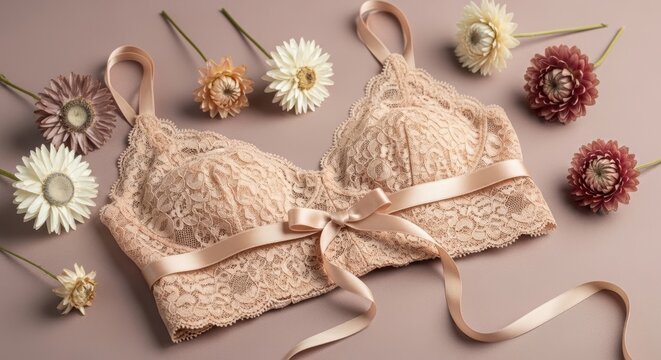 Beige lace bralette decorated with satin ribbon bow and dried flowers. Elegant woman apparel for romantic occasion. Fashion lingerie flat lay arrangement for bridal anniversary gift.