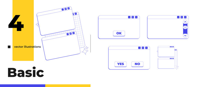 Essential blank neo brutalism line popup window pack. Confirmation dialog boxes. Layered panels. Scroll bar. Interface elements collection in neubrutalism outline style. Monochrome Y2K UX design
