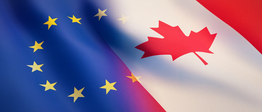 Waving flag of Canada and Europe - Concept of Canada becomes member of EU  - 3D illustration