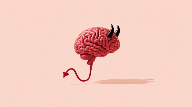 An illustration of a brain with devil horns and a tail on a pink background