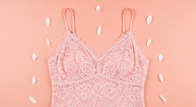 Pink lace lingerie camisole with white flower petals on pink background. Female undergarment for romantic lifestyle and fashion concept. Elegant delicate clothing for women wardrobe.