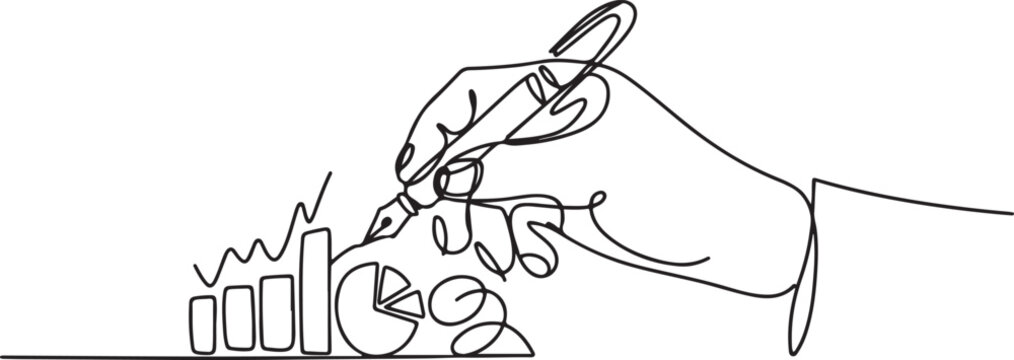 Simple continuous lin drawing of hand writing with pen business analysis. Business minimalist concept.one line drawing vector illustration