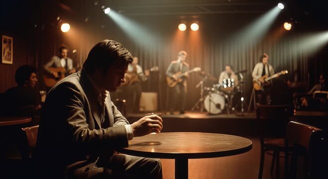 moody bar concert: man at table watching live band on stage