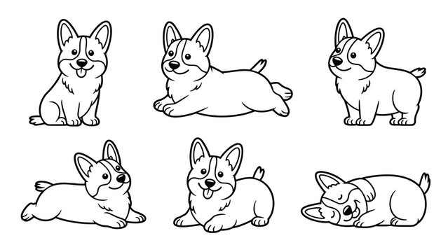 Cute Corgi Dog Line Art Pose Collection  Playful Puppy Outline Vector Set