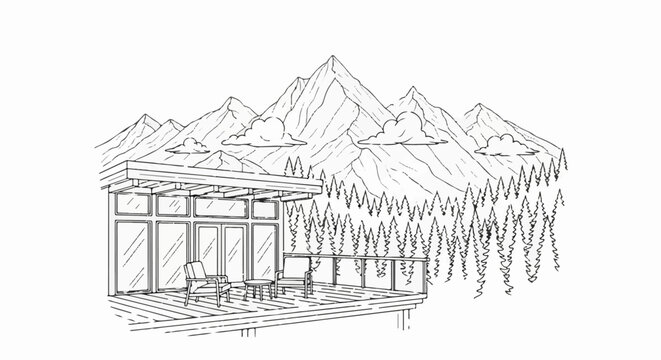 Modern cabin deck overlooks pine forest and majestic mountain peaks