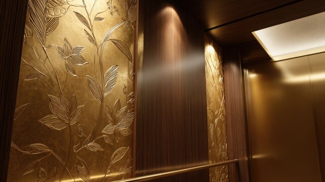 Luxurious elevator interior featuring ornate gold floral embossed panels and brushed metal accents with warm lighting