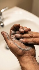 Fototapeta premium Dirty calloused hands being washed with soap foam over a bathroom sink. Represents hard work, blue collar labor, and hygiene after a long day. Ideal for industrial and safety campaigns.