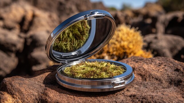 A small round compact mirror with polished obsidian frame filled with vibrant green moss and reflecting natural textures outdoors