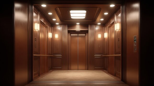 Elegant wood-paneled elevator interior with warm lighting and sophisticated design