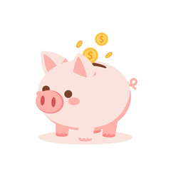 Fototapeta premium Happy Pink Piggy Bank with Multiple Gold Dollar Coins Falling Into Slot - Vector Illustration