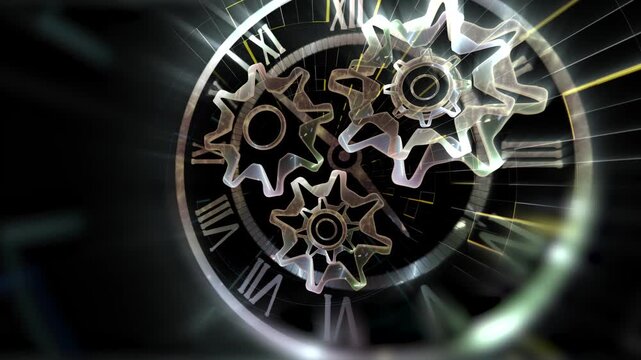 A surreal cosmic clock with rotating gears floats within a glowing galaxy, symbolizing the infinite flow of time, universal motion, and the connection between mechanics and the cosmos.
