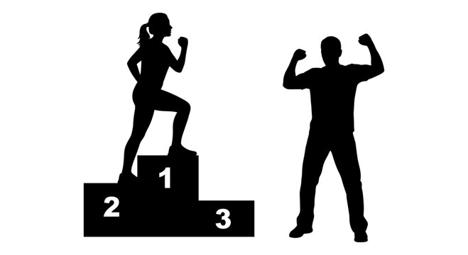 Determination and strength depicted through podium and flexed pose silhouettes Vector, illustration