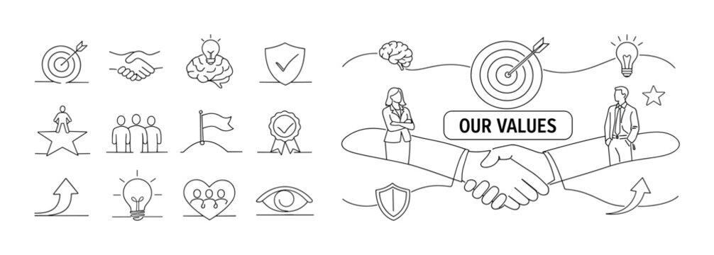 Business core values and principles illustrated with icons and symbols
