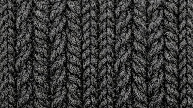 A close-up view of a dark gray knitted fabric with a repeating pattern of interlocking loops