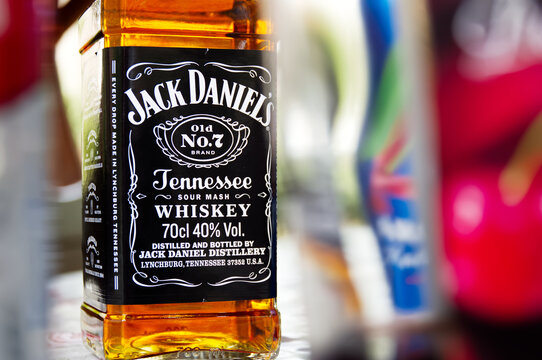 Budapest, Hungary - August 17, 2025: Iconic Jack Daniels Whiskey from Tennessee; a bottle of alcohol bourbon featuring the No 7 distillery and American label.