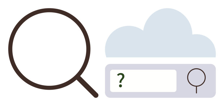 Online search, cloud computing, internet queries, data storage, digital tools, question-solving. A magnifying glass with a cloud and search bar icon. Cloud computing and online search concept
