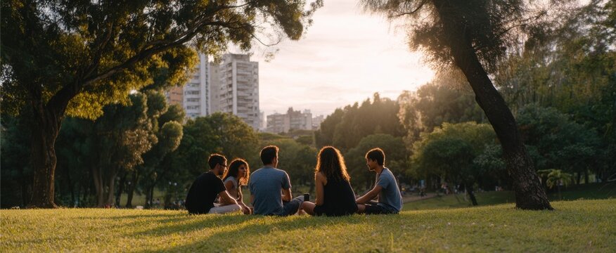 Vibrant group of five friends enjoying a cheerful weekend meetup in S&atilde;o Paulo park