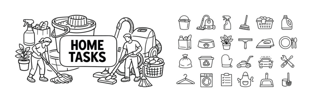 Household chores and tasks illustrated with icons and people cleaning