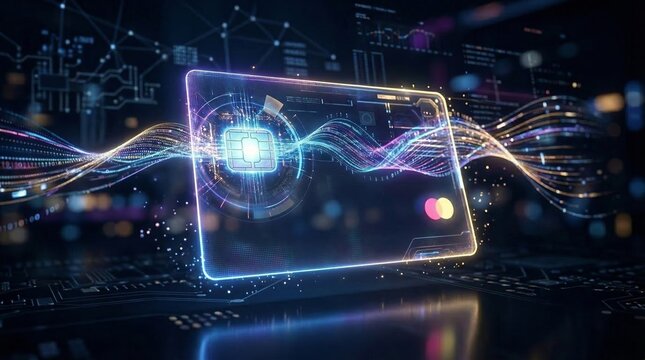 Holographic payment card with glowing chip and flowing data streams. Concepts of fintech, contactless payment, banking, cybersecurity, commerce and innovation. Generative AI.