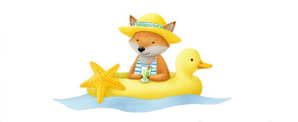 Obraz premium Cute fox in hat and shorts sips lemonade on a floatie duck with a starfish.