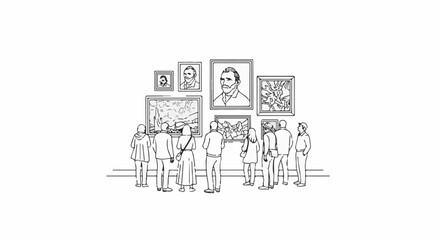 Fototapeta premium People observe framed artworks on a gallery wall in a simple line drawing
